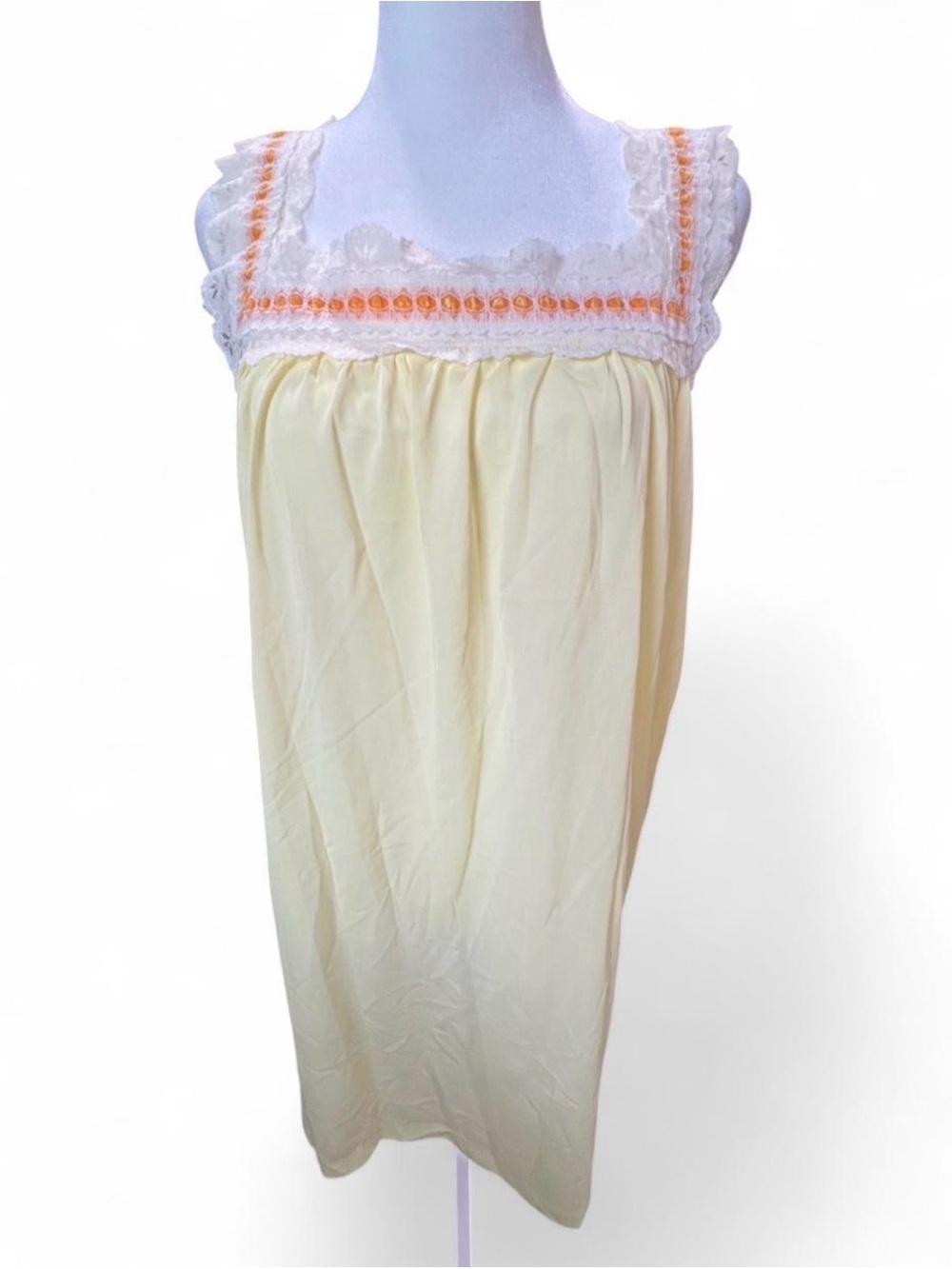 Vintage Sleeveless Lace-Trim Nightgown in Pale Yellow with Orange Accents